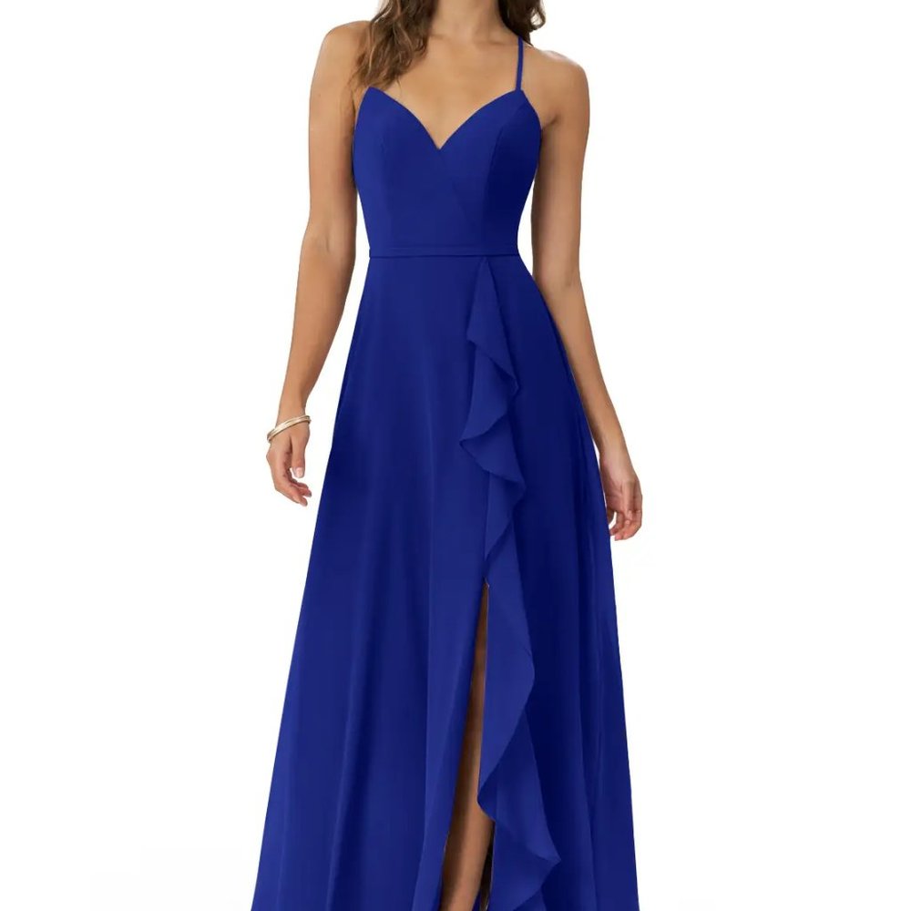 Royal Blue V-Neck Ruffle Chiffon Floor-Length Dress